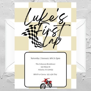 Invitación a la fiesta de cumpleaños de la primera vuelta / Primer cumpleaños / Fiesta de cumpleaños del niño / Tema de carreras de motos de cross / Descarga digital / Plantilla editable