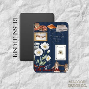 May include: A Kindle insert with a navy blue background featuring various illustrations, including a tiger, croissant, daisies, and a playing card. The insert also has the text "TIFFANY & CO. NEW YORK 925" and "No guns at the dinner table."