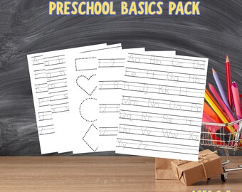Preschool Basics Pack | Instant Download | Tracing Worksheets | Alphabet, Numbers, Shapes | Toddler Activity