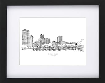 May include: A black and white line drawing of the Chicago skyline, featuring the Belmont Harbour area. The drawing includes several buildings and a marina with boats. The text "BELMONT HARBOR CHICAGO" is at the bottom of the image.