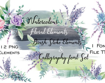 Watercolour Floral Elements Brush Stroke Elements & Calligraphy TTF Font File Set Floral Bouquet Set Lavender Floral Clipart PNG Florals