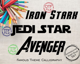 Fonts Set Digital Font Famous Marvel Movie Kids Font Iron M Jedi Software Download TTF OTF Files Word Silhouette Cricut Photoshop Corel Draw