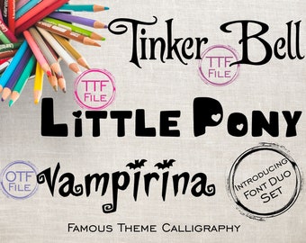 Fonts Set Digital Font Famous Disney Movie Kids Font Tinker Pony Vam Software Download TTF Files Word Silhouette Cricut Photoshop Corel Draw