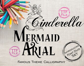 Fonts Set Digital Font Famous Disney Movie Kids Font Mermaid Cinder Software Download TTF Files Word Silhouette Cricut Photoshop Corel Draw