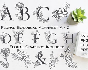 Floral Font Botanical A-Z Capitals PNG EPS PDF Svg Digital Clipart Calligraphy Monogram Initials Monogram Surname Mono Floral Monogram