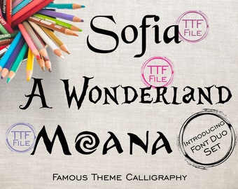 Fonts Set Digital Font Famous Disney Kids Alice Moana Sofia Font Software Download TTF Files Word Silhouette Cricut Photoshop Corel Draw