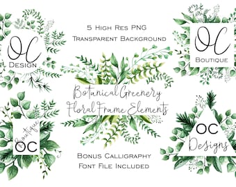Botanical Watercolour Floral Frame Elements Clipart Greenery Frames Squires & Circles PNG Transparent High Res Clipart Calligraphy Font Inc