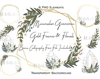 Minimalist Geometric Gold Frames Green Florals Diamond PNG Files Clipart Calligraphy Font TTF Download