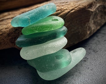 Sea glass set of 6 drilled on both sides pendants (hole 2 mm) Frosted sea glass beads Green and emerald colors beach glass pieces Handmade