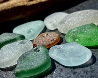 Real sea glass pendants 9 pcs Drilled beach glass For jewelry craft Ocean glass hole 1,5 mm Set for jewelry making Genuine sea glass beads