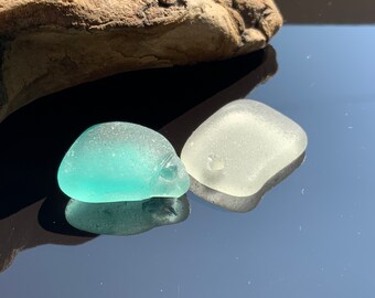 Light blue sea glass 2 pendants Drilled beach glass For jewelry craft Ocean glass hole 2 mm Set for jewelry making Genuine sea glass beads