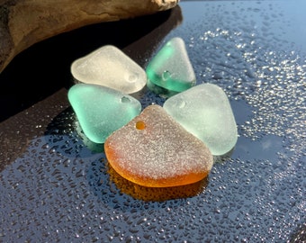 Colored sea glass pendant Drilled beach glass Sea glass for jewelry craft Ocean glass with hole 2 mm Set for jewelry making Sea glass beads