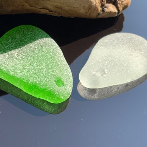 Two sea glass pendants Drilled beach glass Sea glass for jewelry craft Ocean glass hole 2 mm Set for jewelry making Genuine sea glass beads
