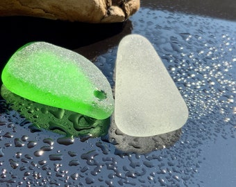 Two sea glass pendants Drilled beach glass Sea glass for jewelry craft Ocean glass hole 2 mm Set for jewelry making Genuine sea glass beads