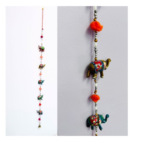 Indian Painted Boho Elephant String with Bell Charm | Colorful Home Decor Accent for a Vibrant Touch
