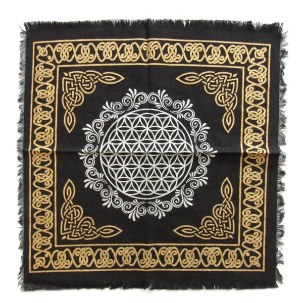 Flower of Life Altar Cloth - 36 X 36 IN Silver and Gold - Sacred Cloth for Divination, Witchcraft, and Pagan Practices