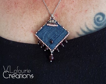 Collier en acier inoxydable et jean avec perles de grenat et Miyuki, pendentif losange