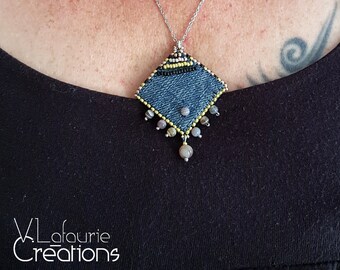 Adjustable stainless steel miyuki embroidered beaded necklace with geometric pendant and agate