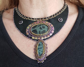 Spiderweb and Amethyst Ethnic Obsidian Adjustable Leather Necklace Embroidered with Miyuki Beads