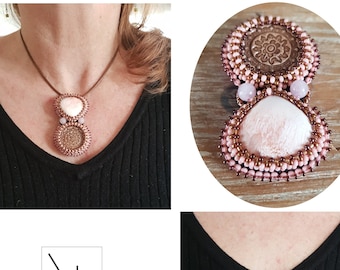 Leather and ceramic necklace and brooch with Scolécite and pink quartz embroidered with Miyuki pearls