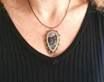 Sodalite pendant necklace embroidered on Miyuki beaded leather with needle, handmade