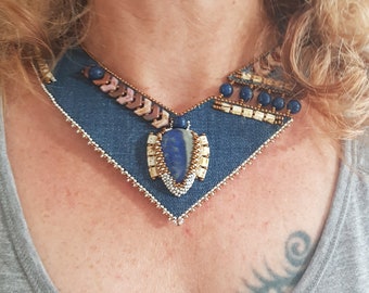 Blue denim breastplate necklace with Lapis Lazuli embroidered with Miyuki pearl needle, handmade and unique piece