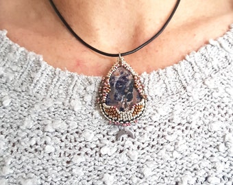 Leather neck collar with sodalite pendant embroidered with Miyuki beads, stainless steel moon