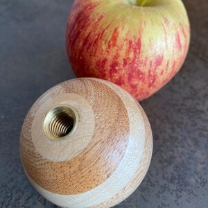 May include: A wooden knob with a threaded brass insert. The knob is made of light and dark wood and has a striped pattern.