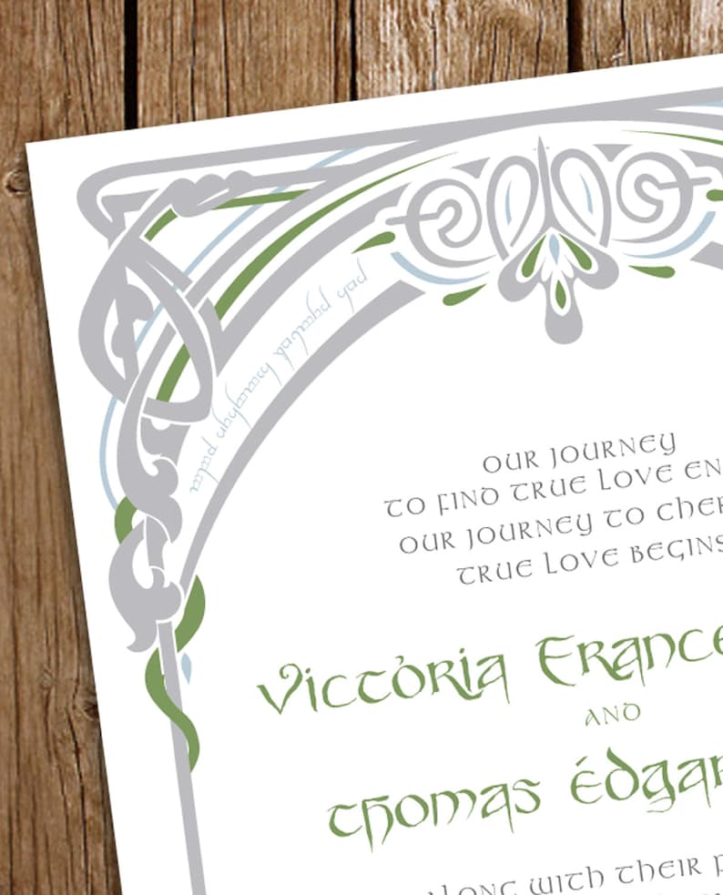 Lord of the Rings Wedding Invitation DIY Printable LotR Elvish Vines Frame Blue Green Geek Chic image 3