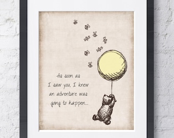 Winnie the Pooh Digital Descargar Arte de pared - AMARILLO - Dibujo Vintage - Cita de aventura - Globo y abejas - 8x10 imprimible