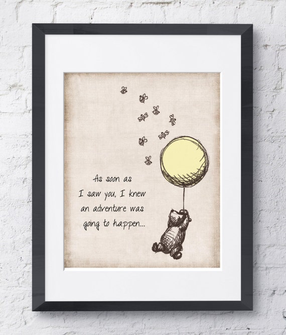 Winnie the Pooh Digital Download Wall Art YELLOW Drawing Vintage  Adventure Quote Balloon and Bees 8x10 printable