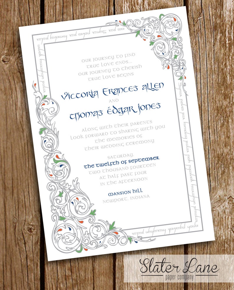 Lord of the Rings Wedding Invitation DIY Printable LotR Elvish Frame and Vines Frame Blue Green image 1