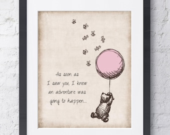 Winnie the Pooh Digital Download Wall Art - PINIK - Drawing Vintage - Adventure Quote  - Balloon and Bees -  8x10 printable