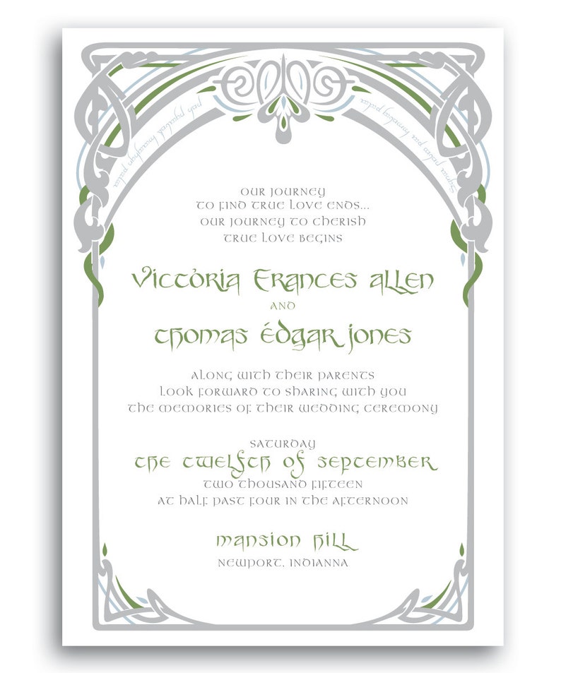 Lord of the Rings Wedding Invitation DIY Printable LotR Elvish Vines Frame Blue Green Geek Chic image 2