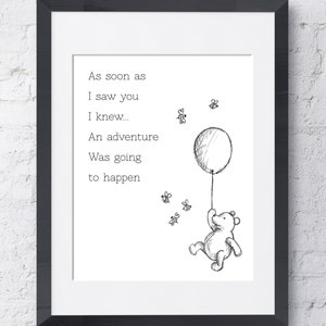 Winnie the Pooh Digital Download Wall Art - Drawing - Adventure Quote  - Pooh Balloon and Bees -  8x10 printable