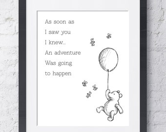 Winnie the Pooh Digital Descargar Wall Art - Dibujo - Cita de aventura - Pooh Globo y Abejas - 8x10 imprimible