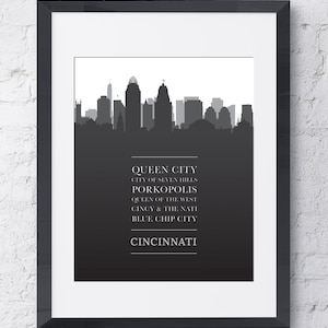 Puede incluir: Ilustraci&oacute;n en blanco y negro del horizonte de Cincinnati con el texto "QUEEN CITY", "CITY OF SEVEN HILLS", "PORKOPOLIS", "QUEEN OF THE WEST", "CINCY & THE NATI", "BLUE CHIP CITY" y "CINCINNATI" debajo.