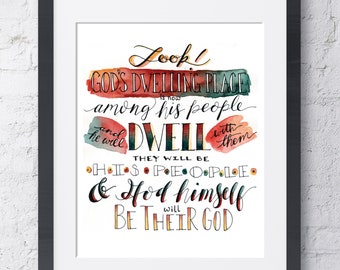 Watercolor Handlettered Christmas Bible Verse - Revalation 21:3 - 8x10 - Digital Print