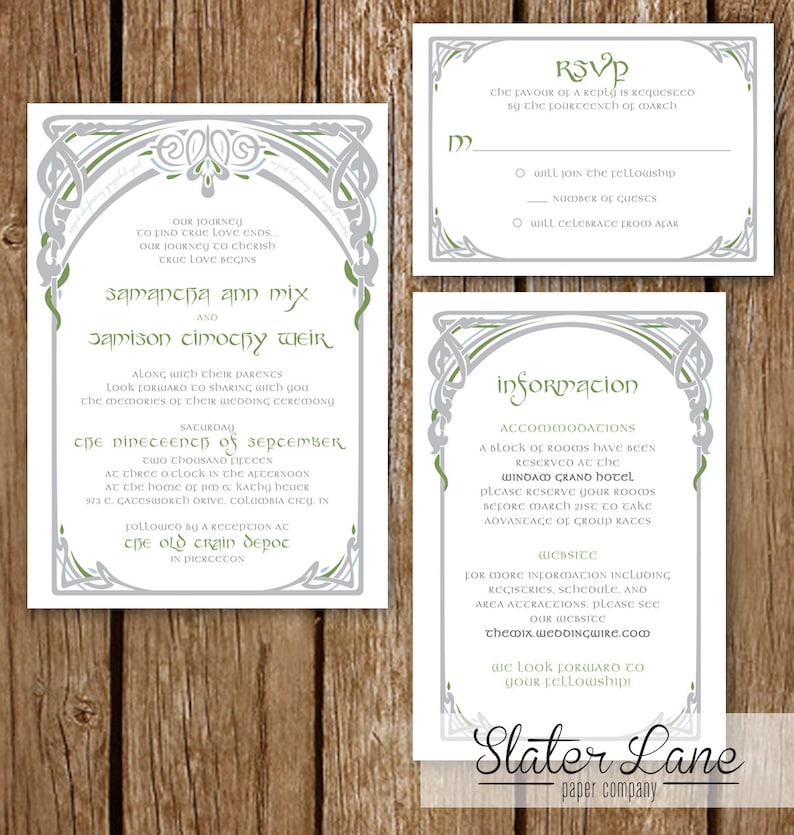 Lord of the Rings Wedding Invitation DIY Printable LotR Elvish Vines Frame Blue Green Geek Chic image 4