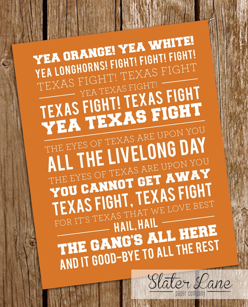 University of Texas Fight Song Wall Art Printable Download Orange and