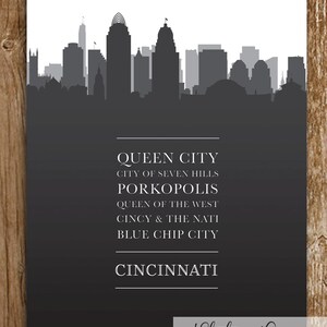 Puede incluir: Silueta en blanco y negro del horizonte de Cincinnati con el texto "QUEEN CITY", "CITY OF SEVEN HILLS", "PORKOPOLIS", "QUEEN OF THE WEST", "CINCY & THE NATI", "BLUE CHIP CITY" y "CINCINNATI" debajo del horizonte. El texto "Slater Lane paper company" est&aacute; en la parte inferior de la imagen.