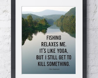 Descarga digital de arte de pared- Ron Swanson sobre la pesca - 8x10 - Parques y recreación - Mountains Lake
