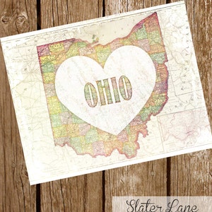 Ohio Love - Ohio Wall Art - Ohio decor - Vintage kaart en hart - 8x10 afdrukbaar
