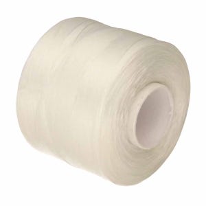 May include: A large spool of off-white thread. The thread is tightly wound around a white cardboard core. The thread has a slightly shiny appearance and is likely made of a synthetic material. The spool is set against a white background.