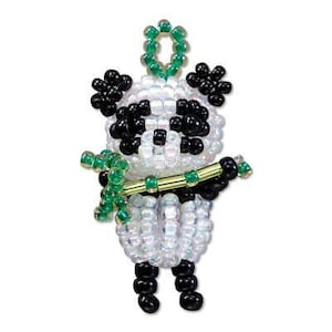 May include: A beaded panda charm with black and white beads, holding a green beaded bamboo stalk. The panda has a green beaded loop at the top for hanging.