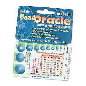 May include: A plastic credit card-sized tool with a ruler and bead size chart. The tool is labeled "Beadoracle" and includes the text "How many beads do I need? Length of string (inches)".