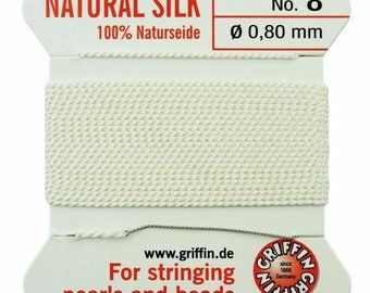 Griffin White Silk Cord, Size 8 (0.80mm), Beading Thread