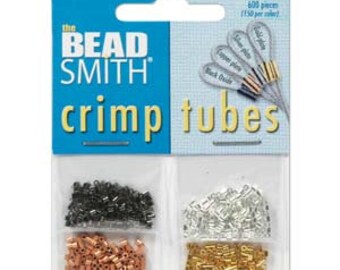 May include: Assortment of crimp tubes in black, silver, copper, and gold colors. The Bead Smith Crimp Tubes are packaged in a clear plastic bag with a header card that says "Assorted Colors 1.5 x 1.5mm 600 pieces (150 per color)".
