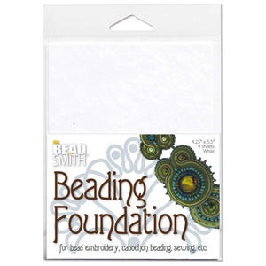 May include: A package of white beading foundation sheets from Bead Smith. The package shows a close-up of a beaded design with a variety of colors and textures. The text on the package reads "Beading Foundation" and "4.25" x 5.5" 4 sheets White" and "for bead embroidery, cabochon beading, sewing, etc."