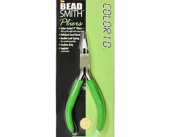 May include: Green handled round nose pliers with a color coded handle. The pliers are 5 inches long and have a polished steel head. The packaging says "The Bead Smith Pliers" and "Color 1.0."
